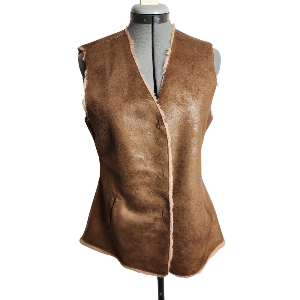 Womens IMAN Brown Faux Shearling Vest Sleeveless Snap Front‎ Tan Small Mark